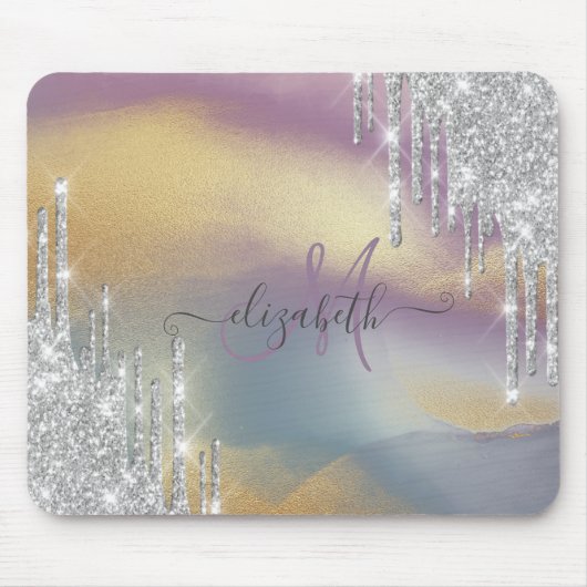 Silver Glitzer Tropfen Farbige Gold Monogramm Mousepad (Vorne)