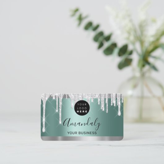 Silver Glitzer Tropfen Frame Qr-Logo Aquamarin grü Visitenkarte (Stehend Vorderseite)