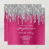 Silver Glitzer Tropfen Fuchsia Pink 60. Geburtstag Einladung (Vorne/Hinten)