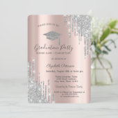 Silver Glitzer Tropfen, Grad Cap Abschluss Einladung (Stehend Vorderseite)