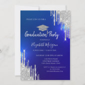 Silver Glitzer Tropfen Grad Cap Blue Abschluss Einladung (Vorderseite)