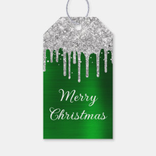 Silver Glitzer Tropfen Green Foil Frohe Weihnachte Geschenkanhänger
