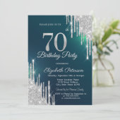 Silver Glitzer Tropfen Grün 70. Geburtstag Einladung (Stehend Vorderseite)