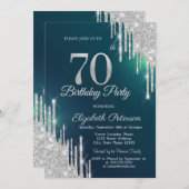 Silver Glitzer Tropfen Grün 70. Geburtstag Einladung (Vorne/Hinten)