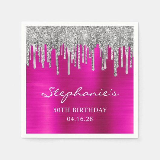 Silver Glitzer Tropfen Hot Pink 50. Geburtstag Serviette (Vorderseite)