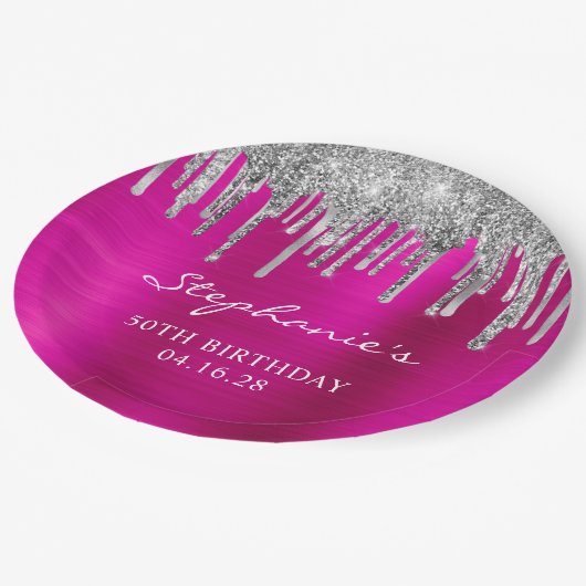 Silver Glitzer Tropfen Hot Pink Foil 50. Geburtsta Pappteller (Schrägansicht)