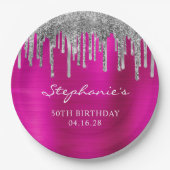 Silver Glitzer Tropfen Hot Pink Foil 50. Geburtsta Pappteller (Vorderseite)