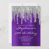 Silver Glitzer Tropfen Indigo Lila 50. Geburtstag Einladung (Vorderseite)