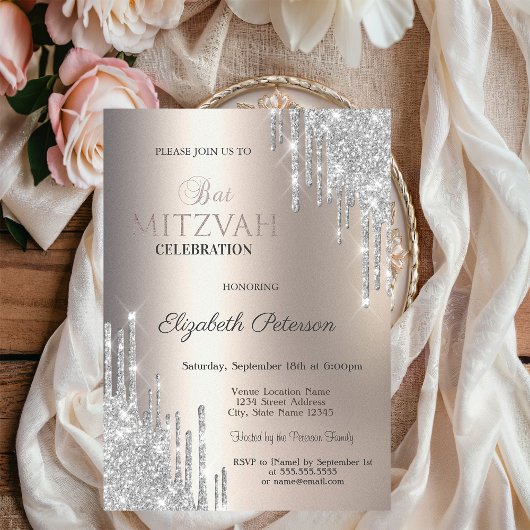 Silver Glitzer Tropfen Ivory Metallic Bat Mitzvah Einladung