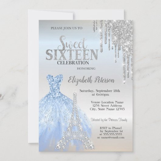 Silver Glitzer Tropfen, Kleid, Eiffelturm Sweet 16 Einladung (Vorderseite)