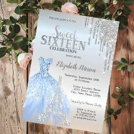 Silver Glitzer Tropfen, Kleid, Eiffelturm Sweet 16 Einladung