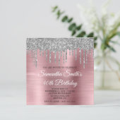 Silver Glitzer Tropfen Light Pink Foil 40. Geburts Einladung (Stehend Vorderseite)