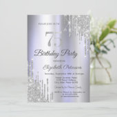 Silver Glitzer Tropfen Lila 75. Geburtstag Einladung (Stehend Vorderseite)