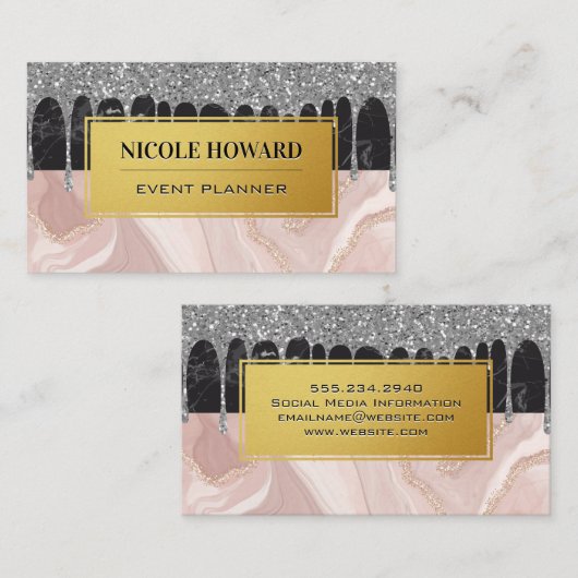 Silver Glitzer Tropfen | Marmor Visitenkarte (Vorne/Hinten)