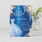 Silver Glitzer Tropfen, Metallic Blue Dress Blume Einladung (Stehend Vorderseite)