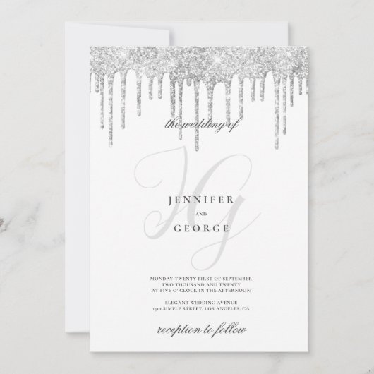 Silver Glitzer Tropfen Monogramm Initialen Hochzei Einladung (Vorderseite)
