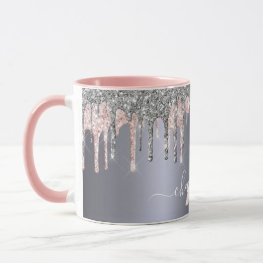 Silver Glitzer Tropfen Monogramm rosa Namensskript Tasse (Links)
