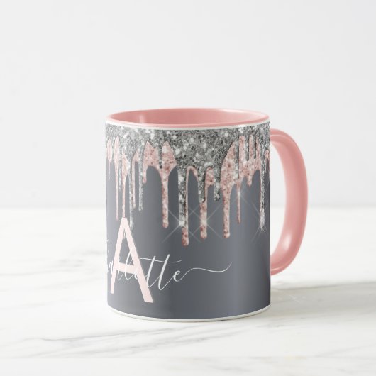 Silver Glitzer Tropfen Monogramm rosa Namensskript Tasse (VorderseiteRechts)