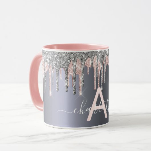 Silver Glitzer Tropfen Monogramm rosa Namensskript Tasse (Vorderseite Links)