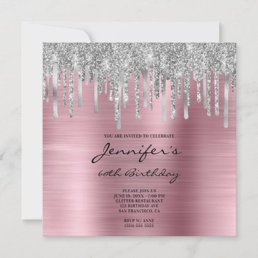Silver Glitzer Tropfen Pink Foil 60. Geburtstag Einladung (Vorderseite)