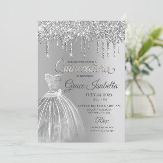 Silver Glitzer Tropfen Quinceanera Geburtstag Einladung