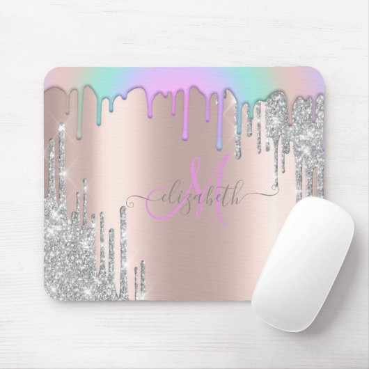 Silver Glitzer Tropfen Rainbow Rose Gold Monogramm Mousepad (Mit Mouse)