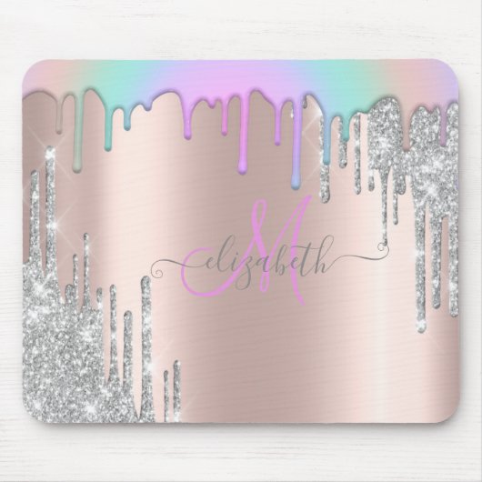 Silver Glitzer Tropfen Rainbow Rose Gold Monogramm Mousepad (Vorne)