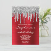 Silver Glitzer Tropfen Red Foil 50. Geburtstag Einladung (Stehend Vorderseite)