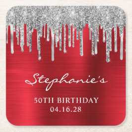 Silver Glitzer Tropfen Red Foil 50. Geburtstag Rechteckiger Pappuntersetzer