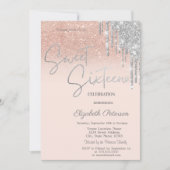 Silver Glitzer Tropfen Rosa Sweet 16 Einladung (Vorderseite)