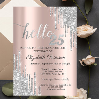 Silver Glitzer Tropfen Rose Gold 25. Geburtstag Einladung