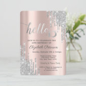 Silver Glitzer Tropfen Rose Gold 40. Geburtstag Einladung (Stehend Vorderseite)