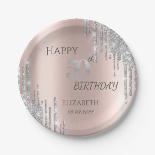 Silver Glitzer Tropfen Rose Gold 50. Geburtstag Pappteller