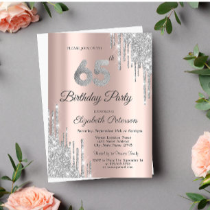 Silver Glitzer Tropfen Rose Gold 65. Geburtstag Einladung