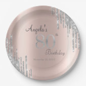 Silver Glitzer Tropfen Rose Gold 80. Geburtstag Pappteller (Vorderseite)