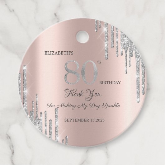 Silver Glitzer Tropfen Rose Gold 80. Geschenkanhänger (Vorderseite)