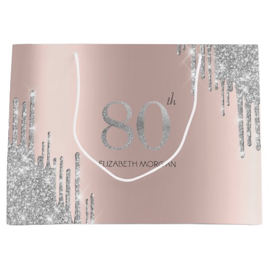 Silver Glitzer Tropfen Rose Gold 80. Große Geschenktüte (Vorderseite)