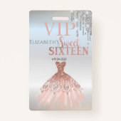 Silver Glitzer Tropfen, Rose Gold Dress Sweet 16 Ausweis (Vorderseite)