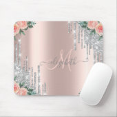 Silver Glitzer Tropfen Rose Gold Floral Monogramm Mousepad (Mit Mouse)