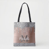 Silver Glitzer Tropfen Rose Gold Metal Monogram Tasche (Vorderseite)