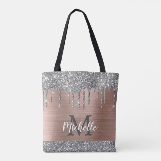 Silver Glitzer Tropfen Rose Gold Metal Monogram Tasche (Rückseite)