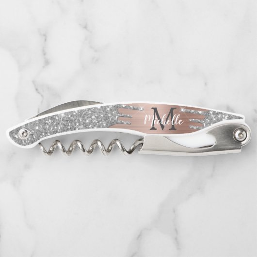 Silver Glitzer Tropfen Rose Gold Metalle Monogramm Kellnermesser (Rückseite)