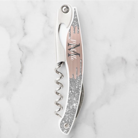 Silver Glitzer Tropfen Rose Gold Metalle Monogramm Kellnermesser (Vorderseite)