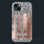 Silver Glitzer Tropfen Rose Gold Metallic Monogram Case-Mate iPhone Hülle<br><div class="desc">Moderne, mädchenhaft silbergraue Glitzer Tropfen Name und mit Monogramm Handy Gehäuse. Dieses Design verfügt über silbergraue (graue) Glitzer funkelnde Tropfen auf rosa Rosengoldmetall gebürsteten Metall Hintergrund mit benutzerdefinierten personalisierten Monogramm Initial- und Vorname Text Vorlage. Perfektes weibliches Geschenk. Bitte beachten Sie, dieses Design ist gedruckt Foto-Effekt. Wenn Sie Hilfe oder passende...</div>