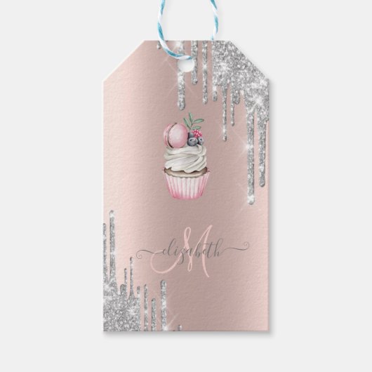 Silver Glitzer Tropfen Rose Gold Monogram Cupcake Geschenkanhänger (Vorderseite)