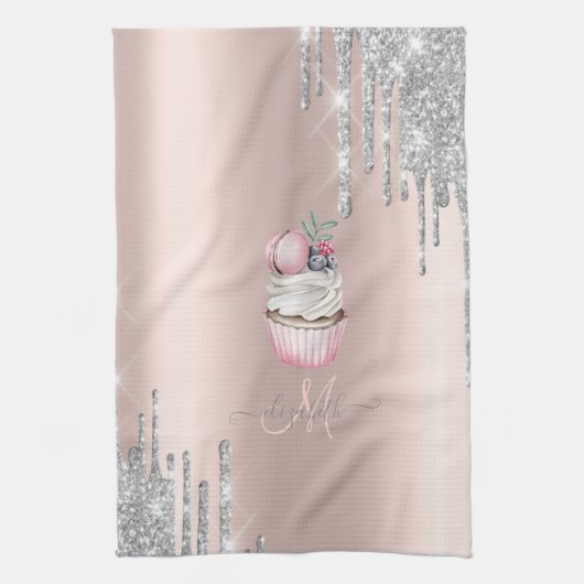 Silver Glitzer Tropfen Rose Gold Monogram Cupcake Geschirrtuch (Vertikal)
