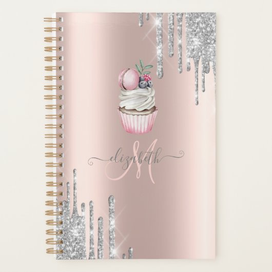 Silver Glitzer Tropfen Rose Gold Monogram Cupcake Planer (Vorderseite)
