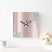 Silver Glitzer Tropfen Rose Gold Monogram Cupcake Quadratische Wanduhr (Zuhause)