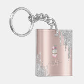Silver Glitzer Tropfen Rose Gold Monogram Cupcake Schlüsselanhänger (Vorderseite links)