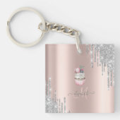 Silver Glitzer Tropfen Rose Gold Monogram Cupcake Schlüsselanhänger (Vorderseite)